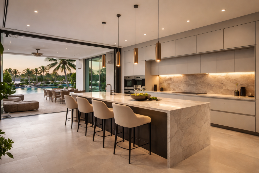 luxury open plan kitchen designed for entertaining with large island and seamless indoor outdoor living space