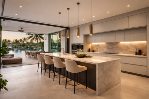luxury open plan kitchen designed for entertaining with large island and seamless indoor outdoor living space
