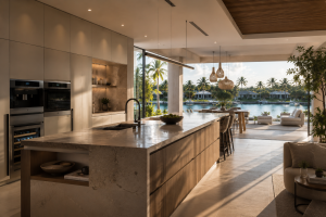 Luxury kitchen design in Cayman home focused on natural light, open plan living, and seamless architectural integration