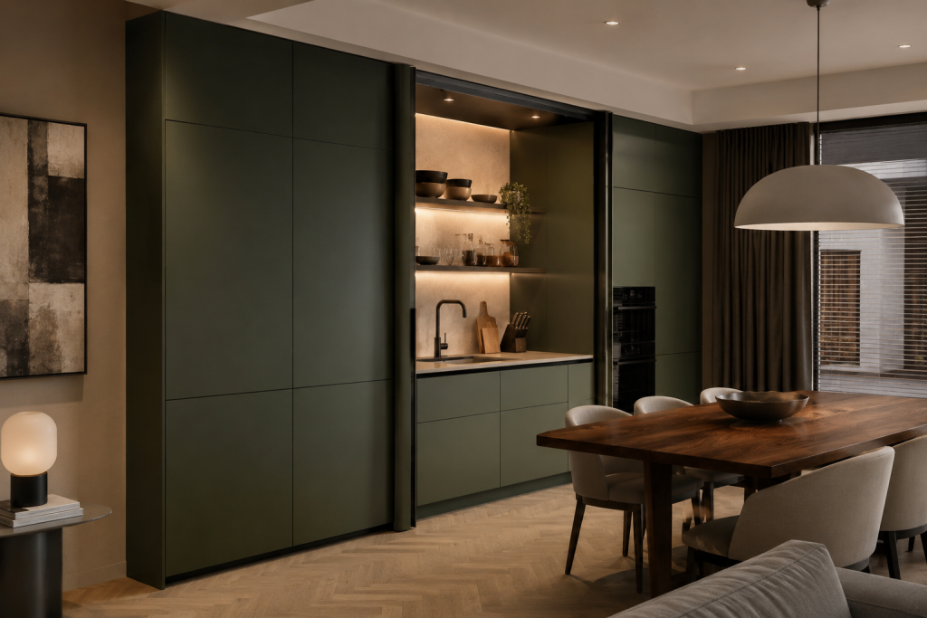 Contemporary Italian hidden kitchen with seamless cabinetry in a luxury Cayman Islands home.
